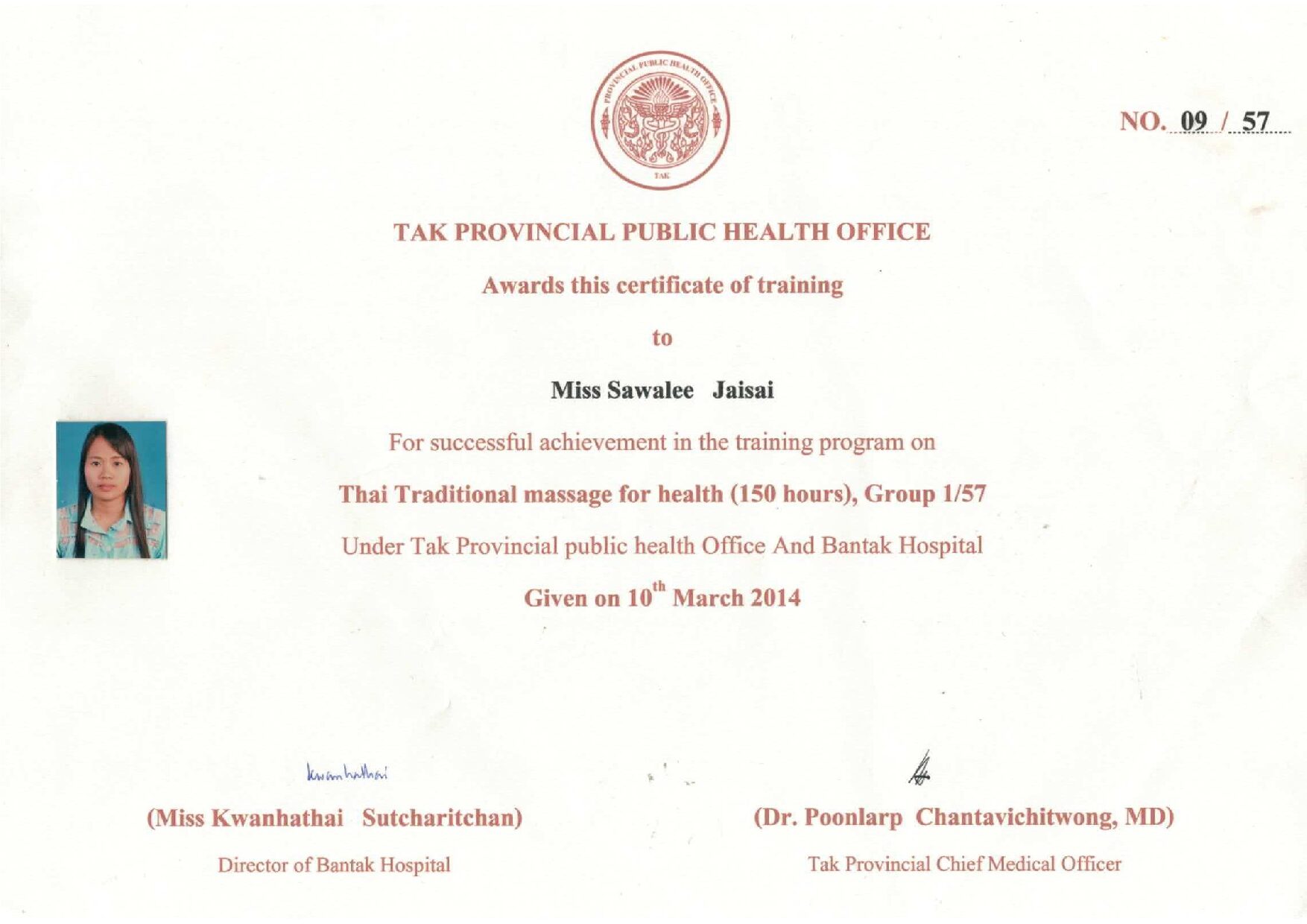 Certificat Massage Thai for Health